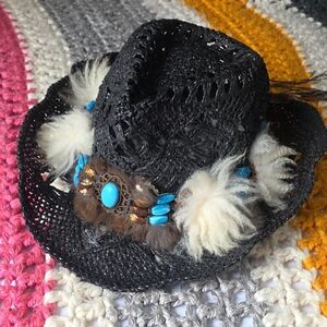 Black Boho Embellished Straw Hat with Turquoise Accents